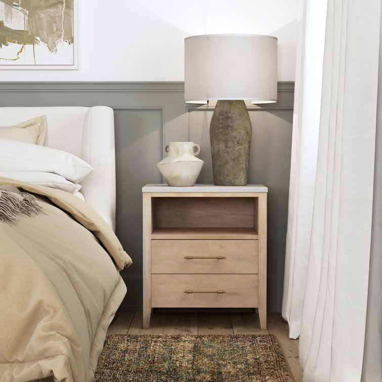 ISA Solid Wood Nightstand with Marble Top Color Natural Ivory